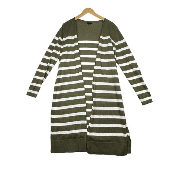 Talbots 100% Linen‎ Striped Duster Open Cardigan size Medium Green/White - Picture 1 of 7